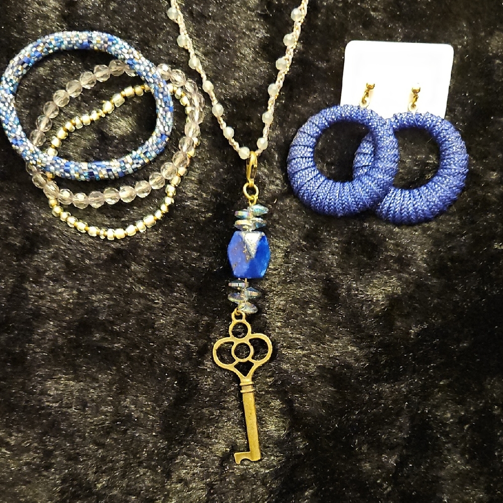Gold Key Pendant 30" Necklace with Blue Bead Accent, Earrings, Bracelets